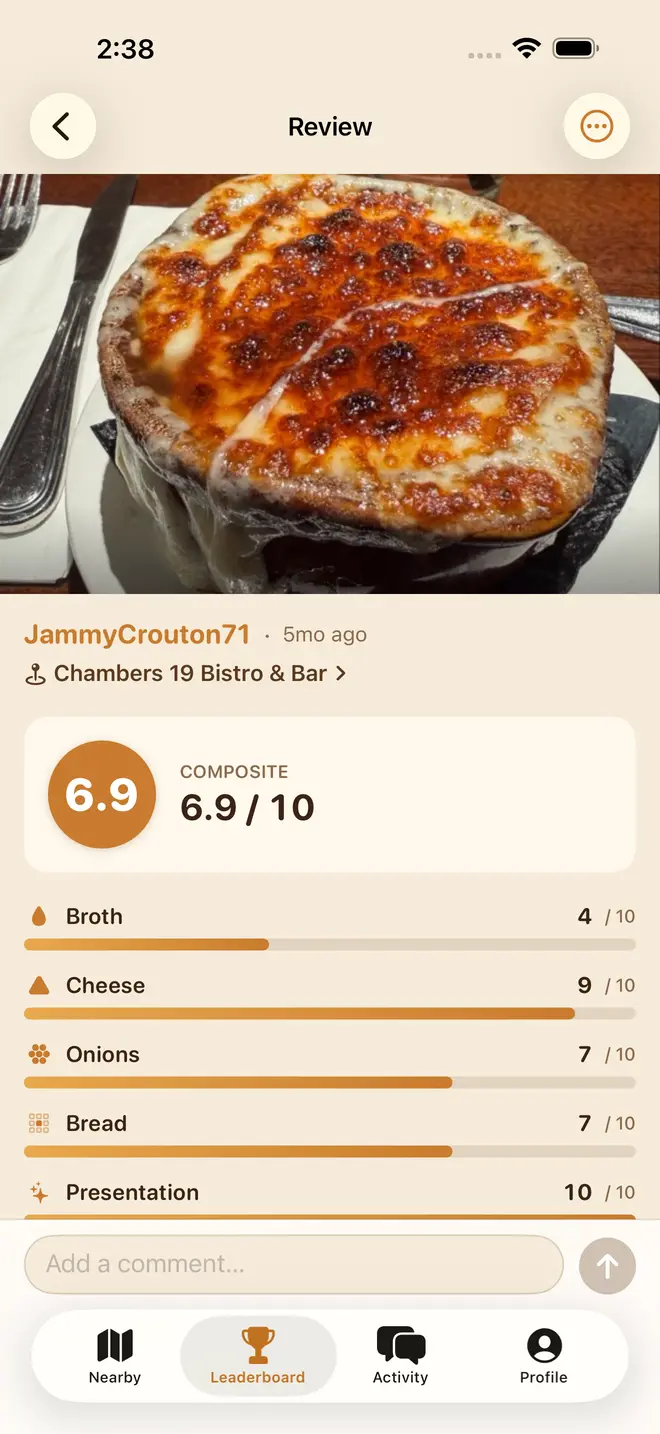 French Onion Soup review screen with a composite score and rubric bars.